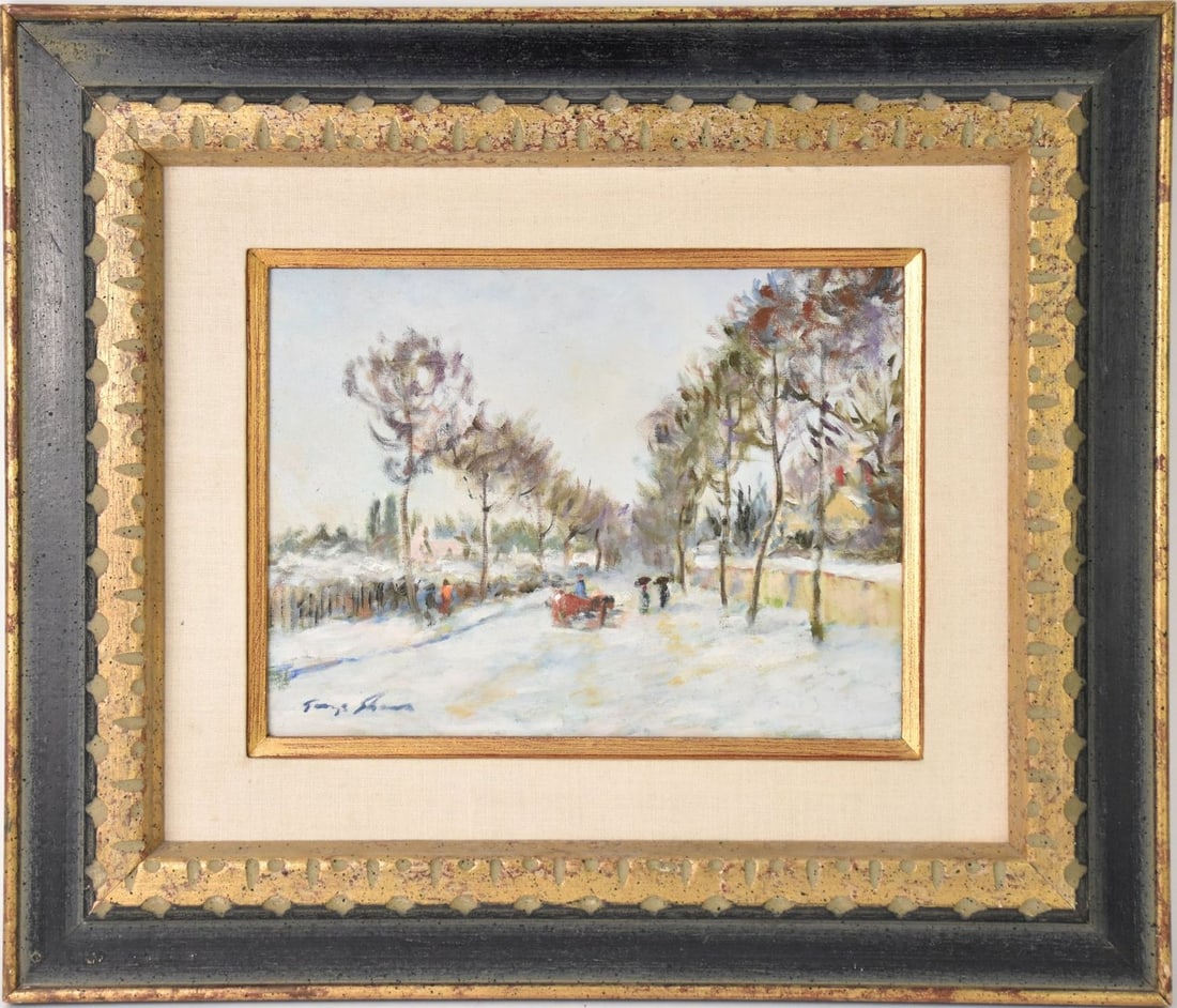 George Shawe (AMERICAN, 1915–1995) "Road to Chalons" oil on canvas, winter scene, signed lower: George Shawe (AMERICAN, 1915–1995) "Road to Chalons" oil on canvas, winter scene, signed lower left and signed and titled on reverso, 9" x 12" canvas, 17 3/4" x 20 3/4" overall