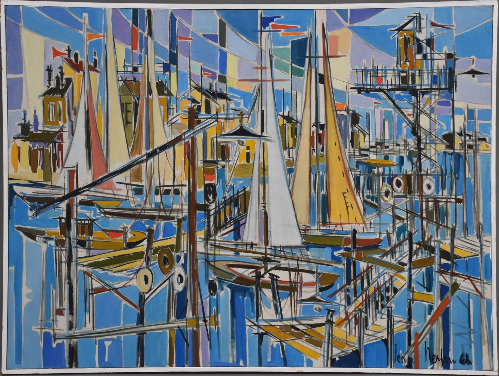 Jean Nerfin (Born 1922) is active/lives in Canada.  Oil on canvas, Sailboat Harbor Scene, overall (1 of 5)
