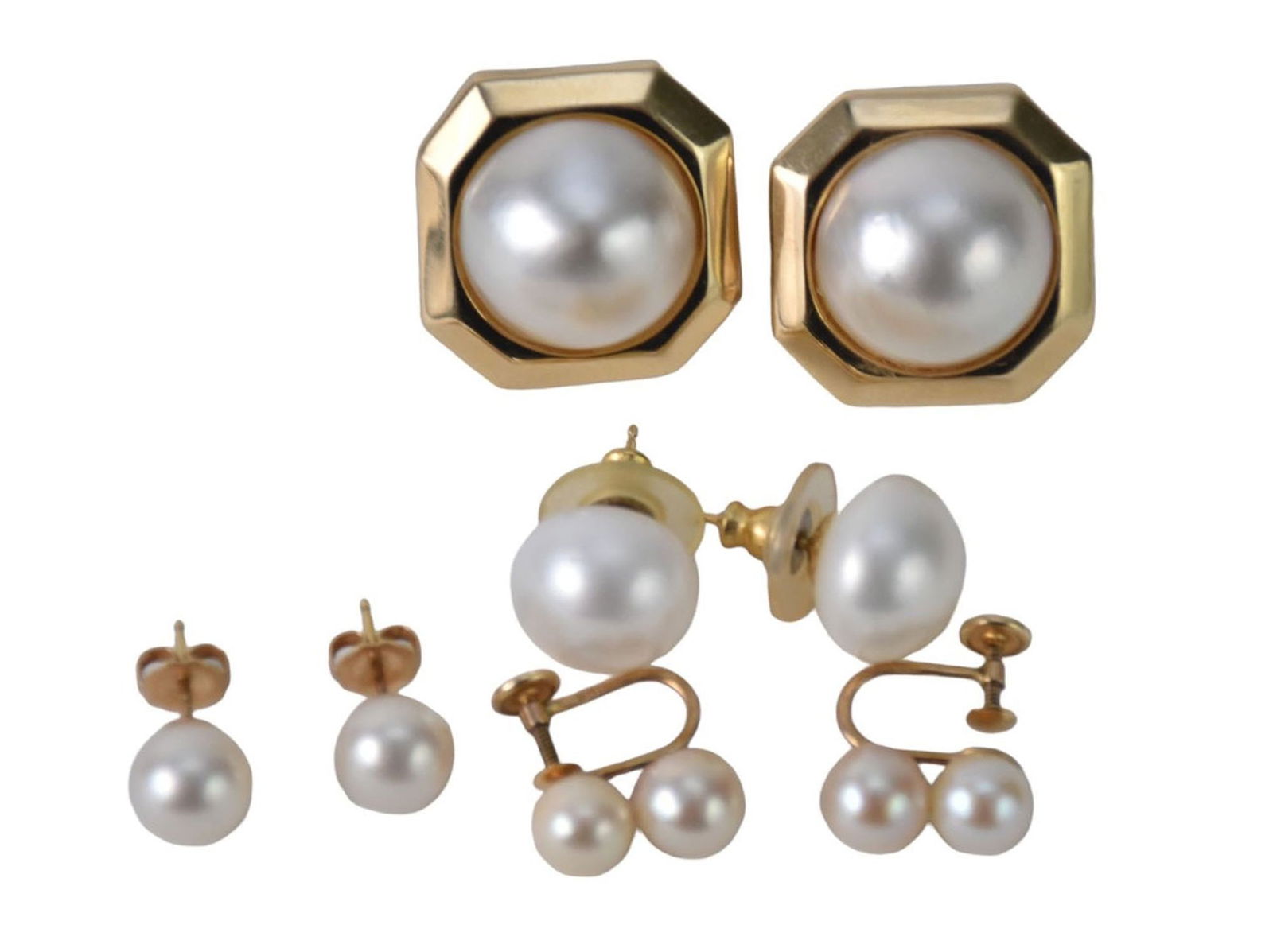 14K Yellow Gold Pearl Earring Lot. Total wt. 19 grams Size 1/2" - 1" (1 of 1)