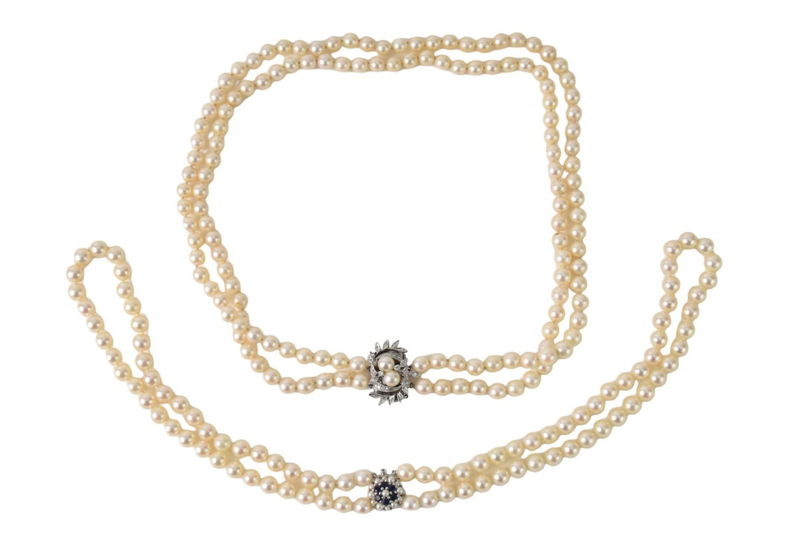 2 Double Strands Pearl Necklace with 14K White Gold Clasp. 21" With 14K with gold diamond Clasp and: 2 Double Strands Pearl Necklace with 14K White Gold Clasp. 21" With 14K with gold diamond Clasp and 15" with 14K white gold Sapphire Clasp.