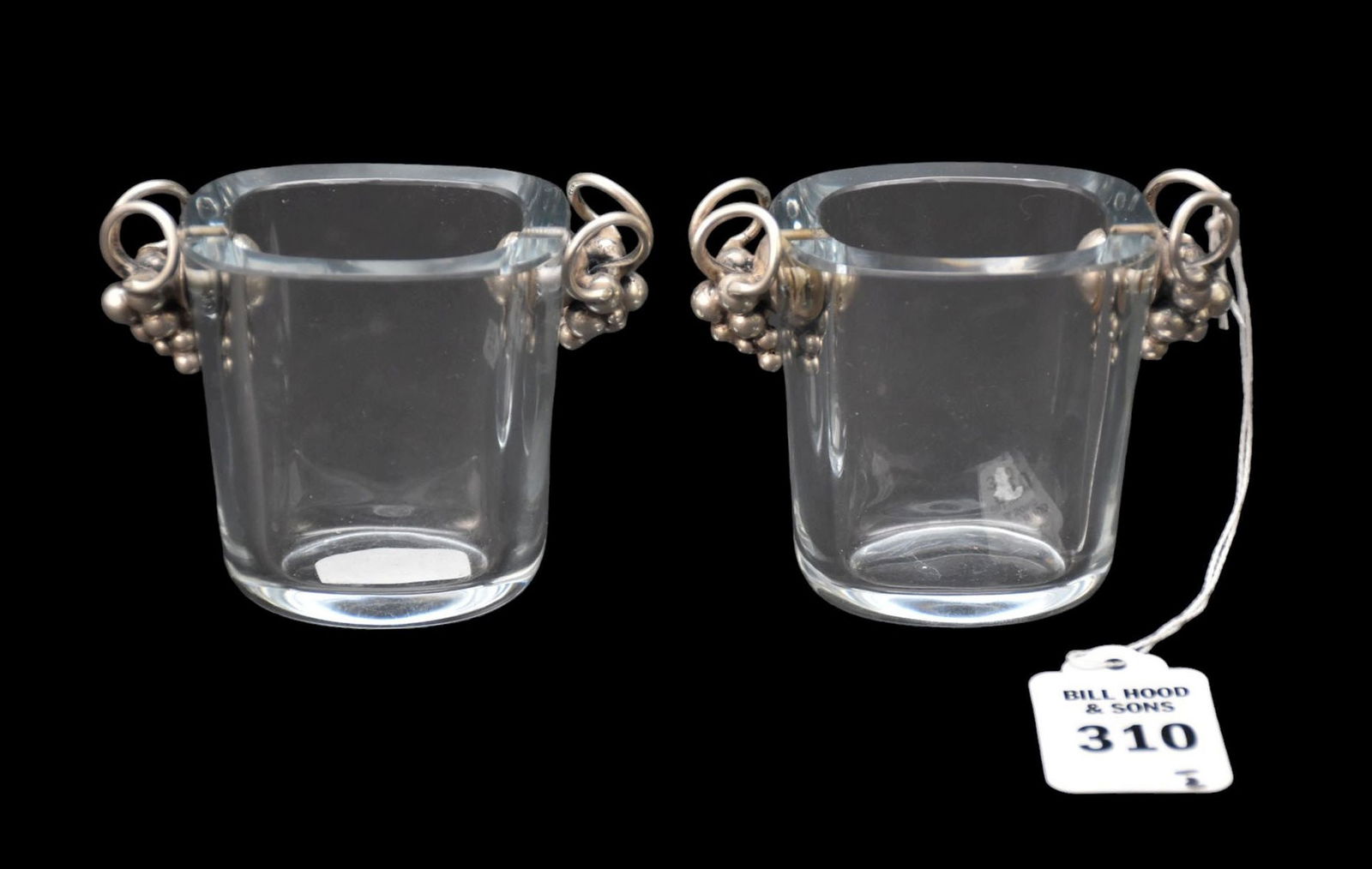 Pair Small Dansk Crystal & Sterling Grape Handled Urns - C. Mid-20th Century. A small pair of clear (1 of 2)
