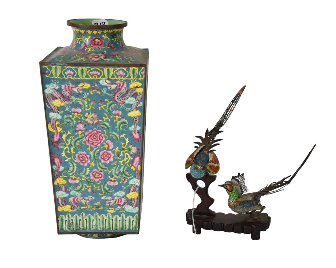 Chinese Silver Filigree Birds & Canton Enamel Vase - A silver filigree sculpture of two birds with (1 of 7)