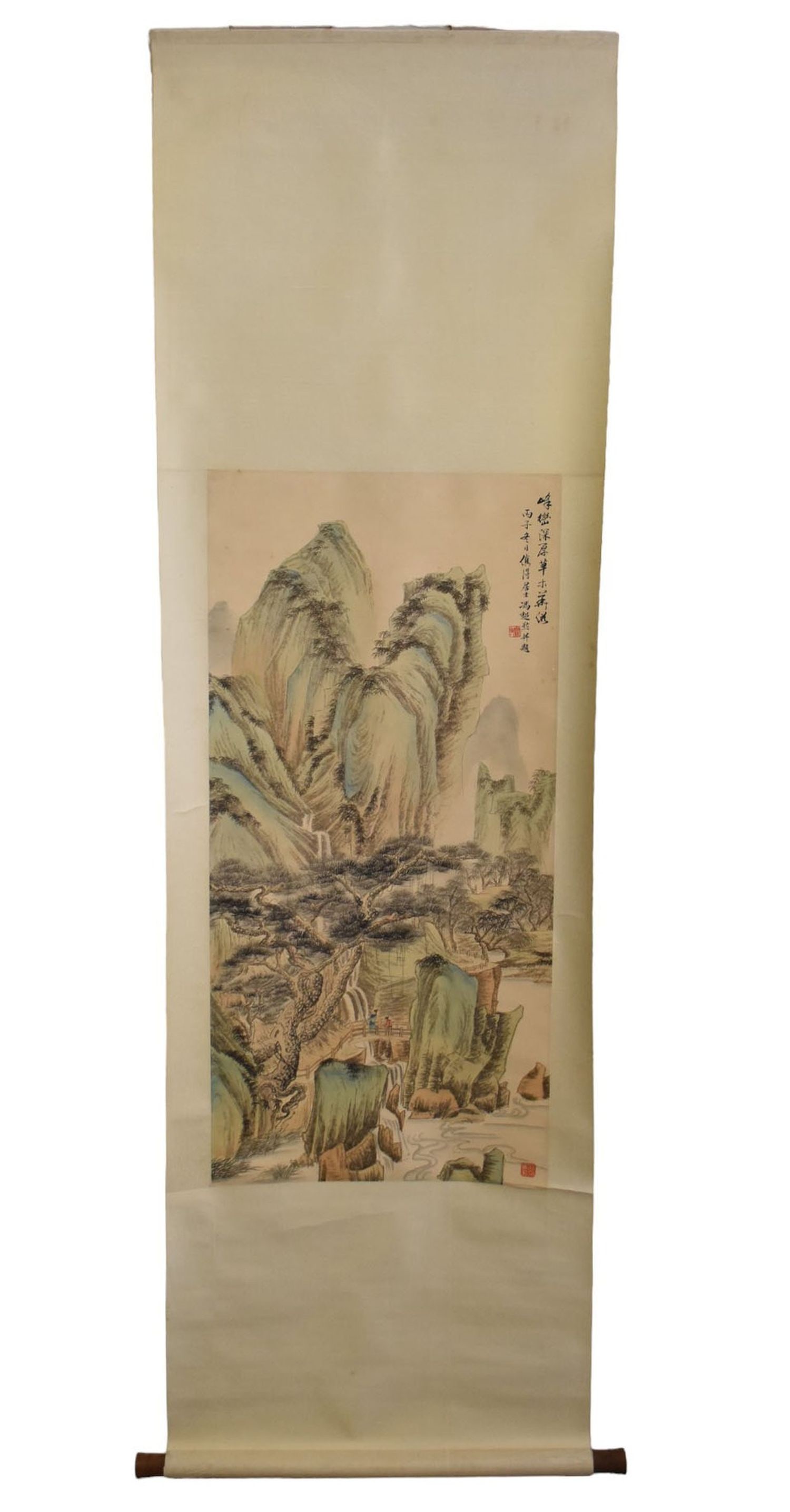 Vintage Chinese Scroll, Landscape Scene, Signed - A Chinese scroll depicting a landscape scene with (1 of 6)