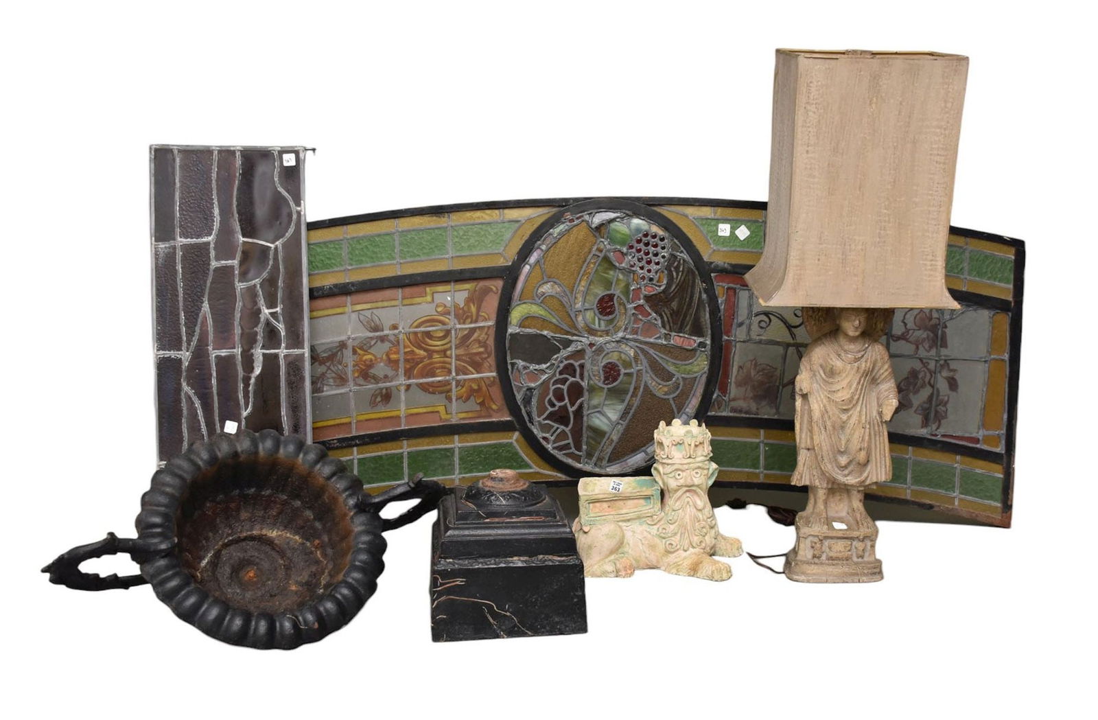 2 Stained Glass Windows, 26" x 75" & 13 1/2" x 35 1/2", Cast Iron Garden Urn (needs welding), Small (1 of 6)