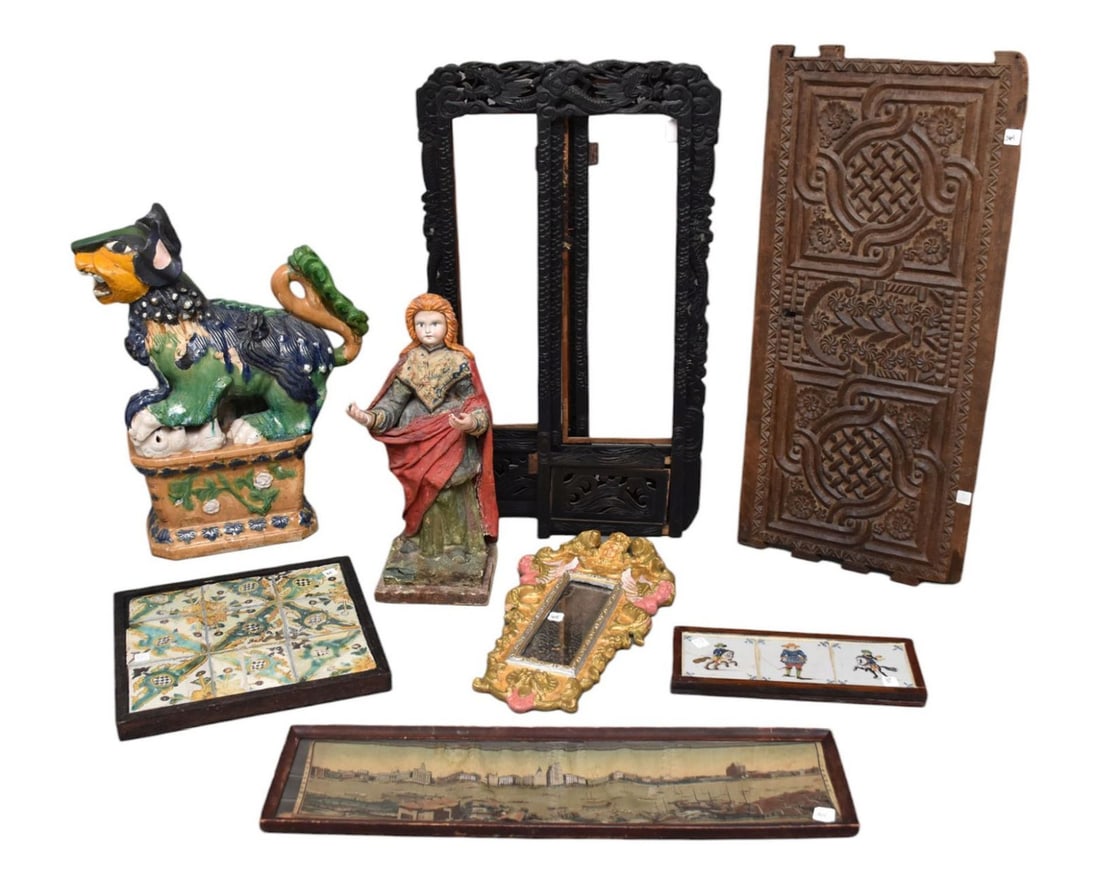 Carved 18th c. Wood Dovetailed Panel (39"h) (bug damage), Mirror painted gold & pink (24"h x 13"w), (1 of 7)