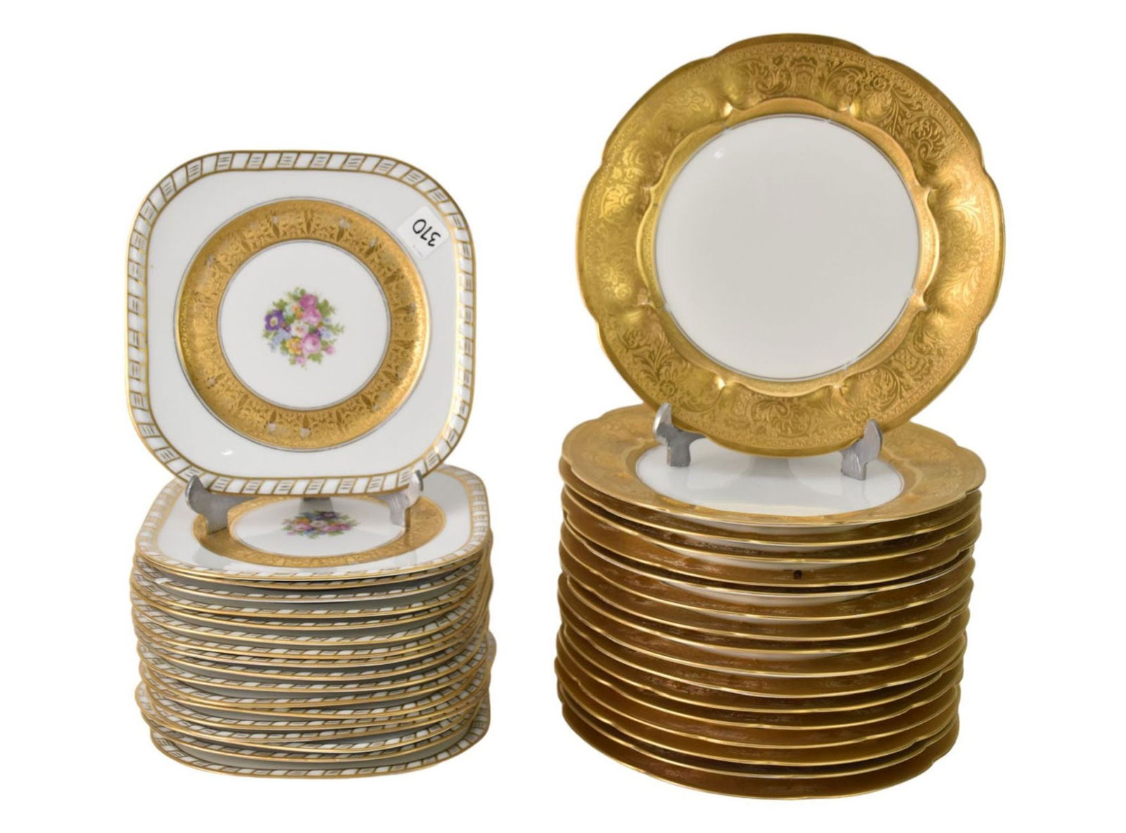 17 Limoges Dinner Plates, Gold Border (10 1/2"ida) and 18 Limoges Square Plates, Floral Centers, (8 (1 of 7)