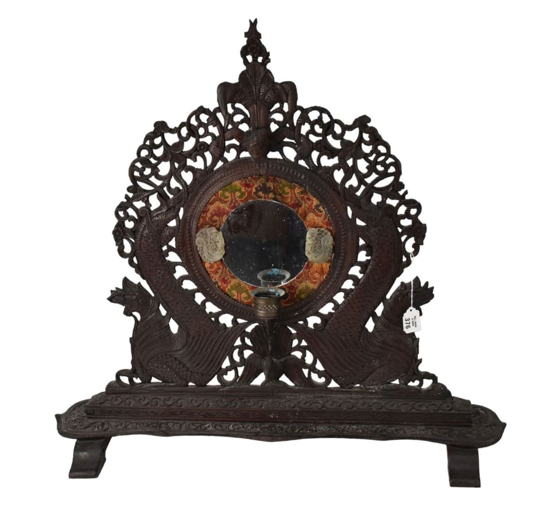Balinese Carved Framed Mirror with Added Jade and Candleholder 29"H x 31"W x 10"D (1 of 7)