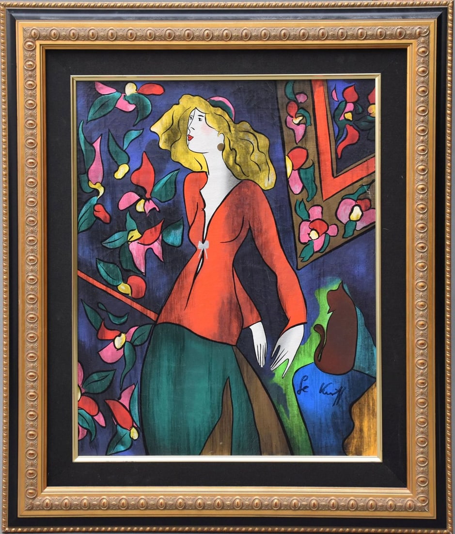 Le Kinff Embellished Serigraph on canvas, 140/150, "Lady and Cat", 22" x 18 canvas, 29 1/2" x 25: Le Kinff Embellished Serigraph on canvas, 140/150, "Lady and Cat", 22" x 18 canvas, 29 1/2" x 25 1/2" overall