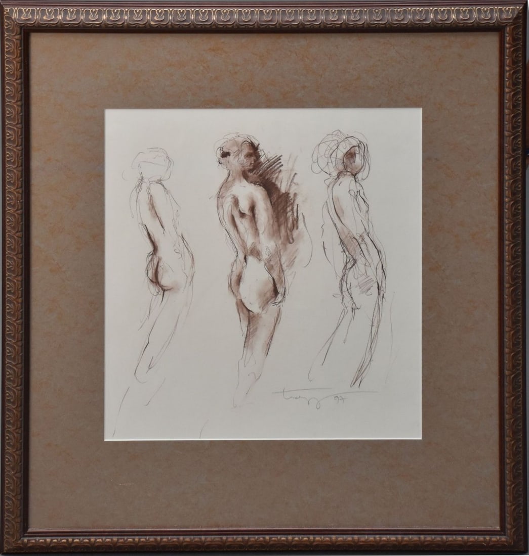Pastel Nude Study drawings, 3 standing figures, pencil signed lower right, dated '97, 21" x 20": Pastel Nude Study drawings, 3 standing figures, pencil signed lower right, dated '97, 21" x 20" sight, 35" x 33" overall