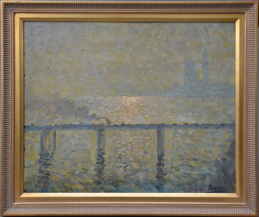 Wilfred Peisley (mid 20thc) oil on board, London Water Scene, 20" x 24" board, 24" x 28" overall (1 of 6)