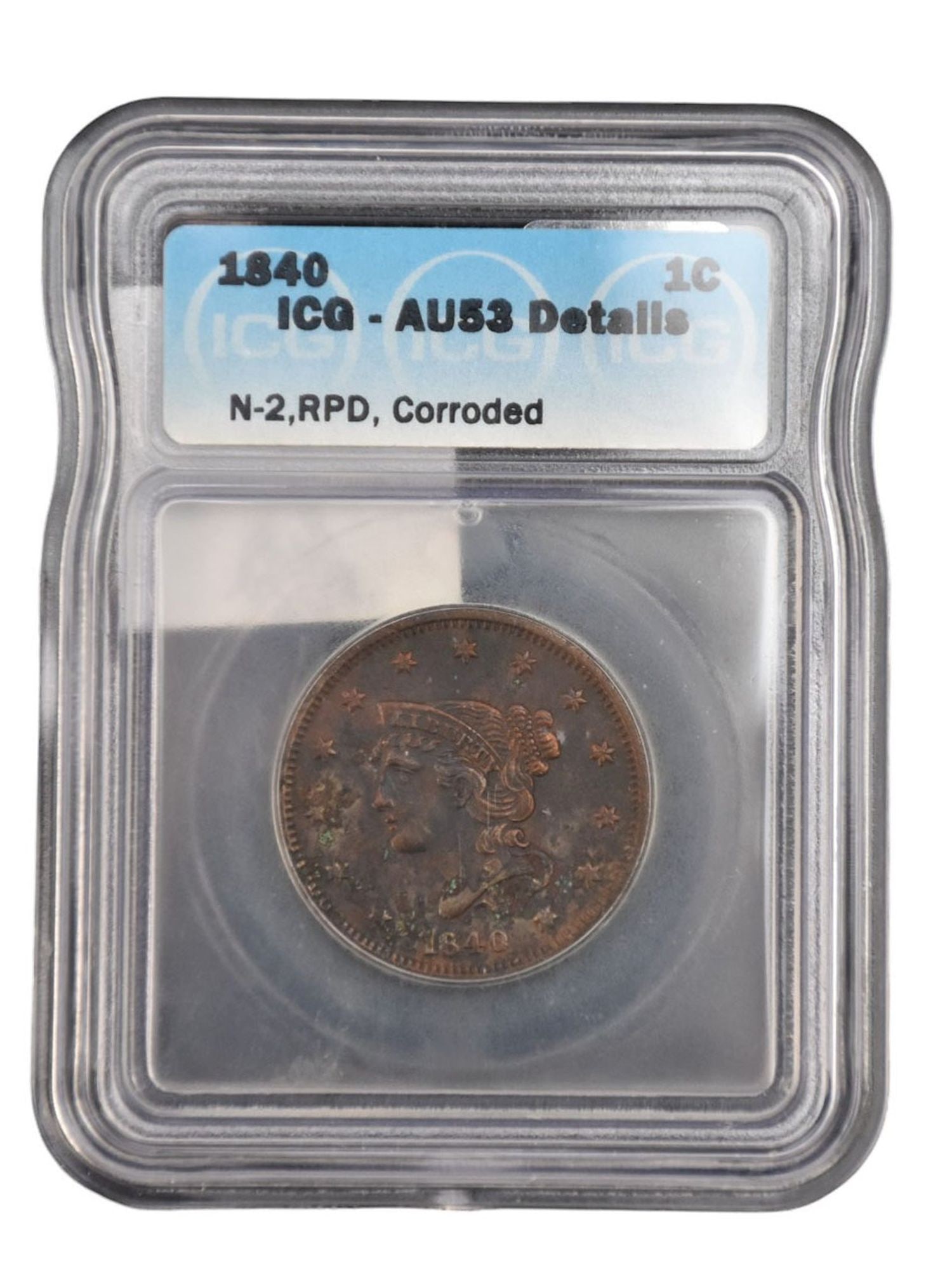 1840 Braided Hair Liberty Head Large Cent AU53 Details Corroded ICG (1 of 4)