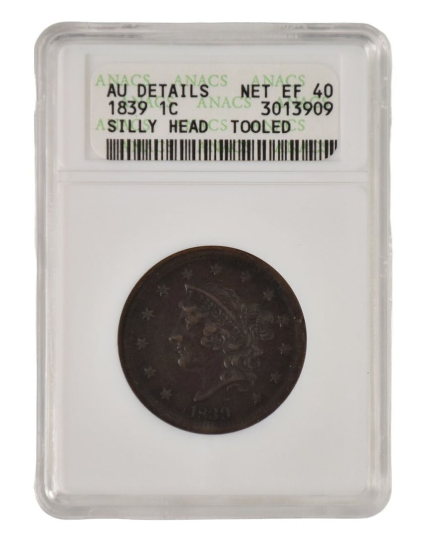 1839 Coronet Liberty Head Large Cent.  AU Details EF 40 Silly head Tooled ANACS (1 of 2)