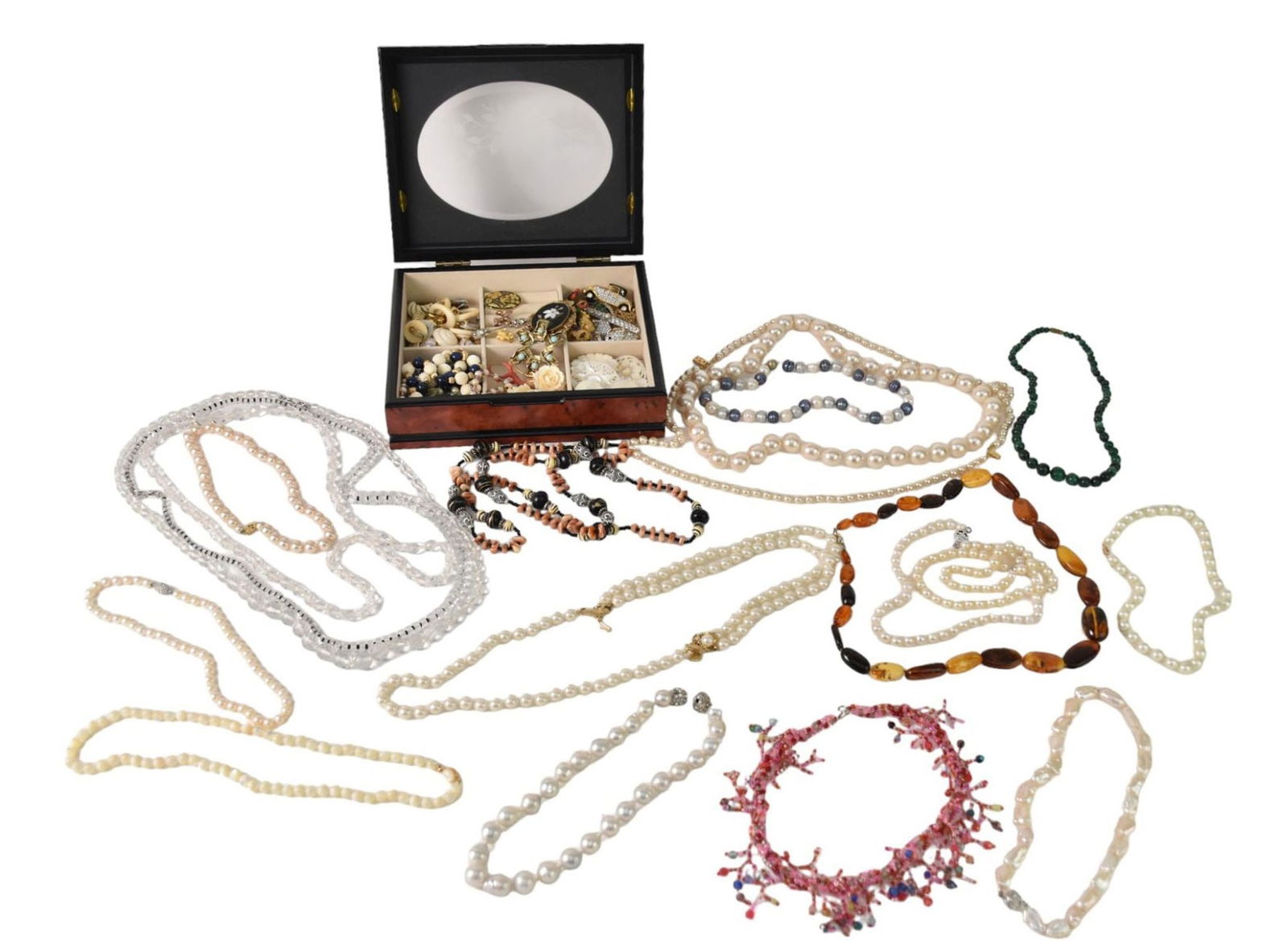 Costume Jewelry Lot including Jewelry Box. Necklaces, Earrings Brooches, Pins etc. Some signed (1 of 9)
