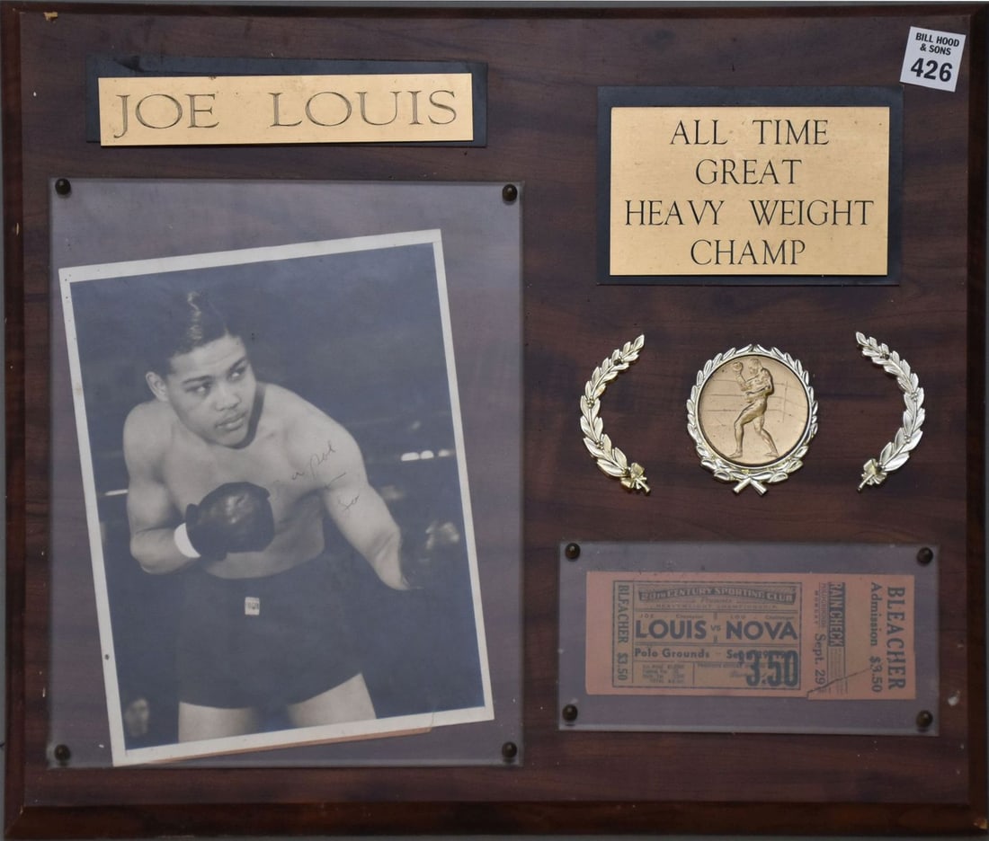 Boxing Memorabilia Joe Louis Autograph Display w/ 1941 vs Simon Ticket Stub - A display plaque with (1 of 1)