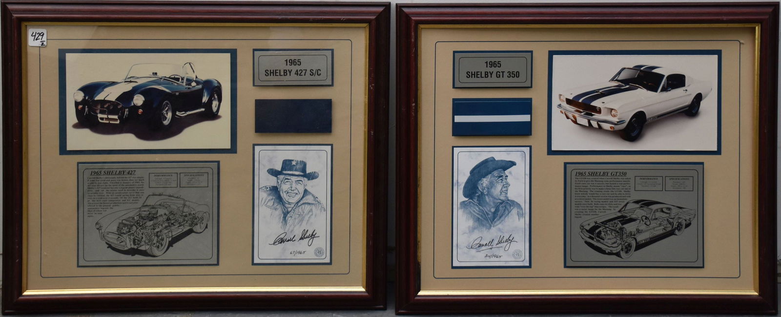 Two Carol Shelby Autographed Car Plaques, Shelby 1965 GT 350 & 427 S/C - Each framed display plaque (1 of 5)