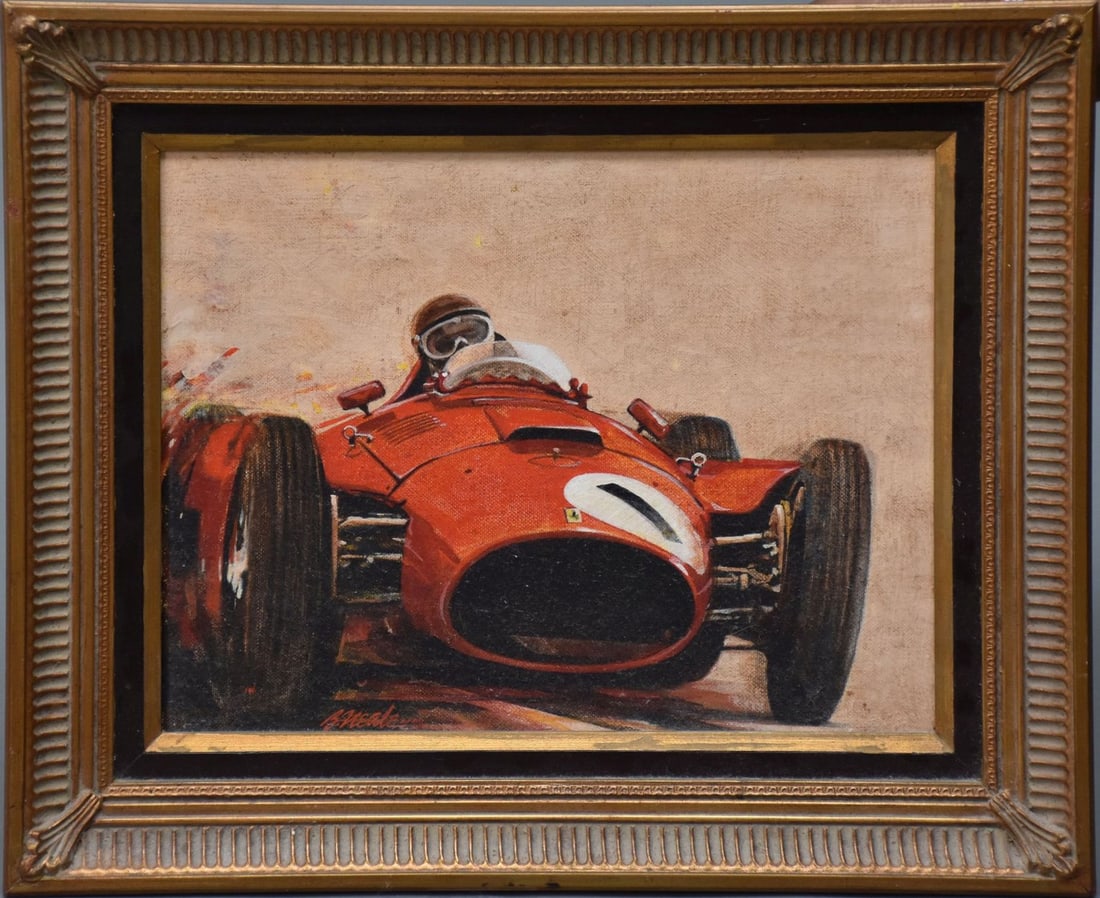 Bill Neale (American, 1925-2021) "Fangio - Lancia Ferrari" Painting - 1997. Oil on board. Painting (1 of 6)