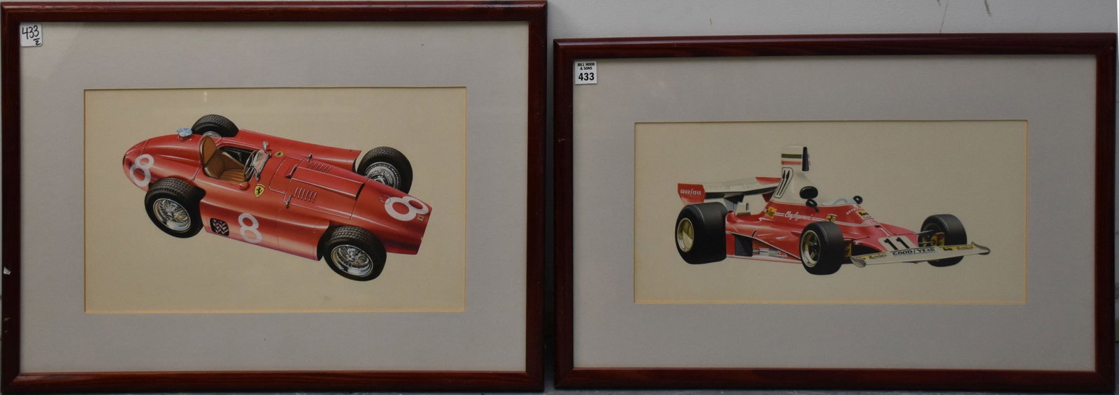 Two Ferrari Race Car Watercolors, Attributed to Carlo Demand (1921-2000) - Watercolor on Paper: Two Ferrari Race Car Watercolors, Attributed to Carlo Demand (1921-2000) - Watercolor on Paper mounted to wood board. Two original watercolors of Ferrari Race Cars. No visible signature but likely by 