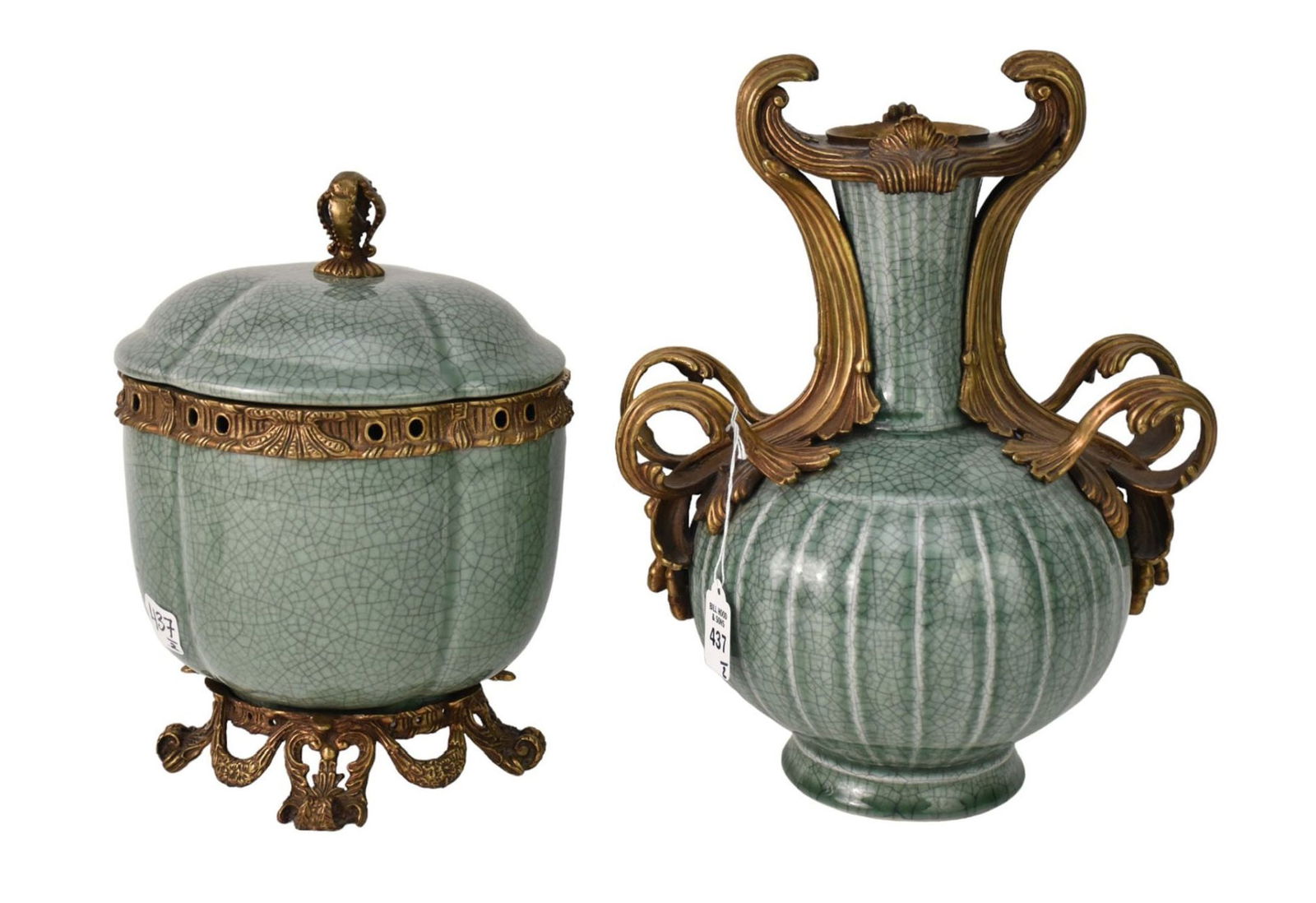 Two Decorative Brass Mounted Crackle Glazed Porcelain, 20th Century - Blue/green crackle glaze with (1 of 5)