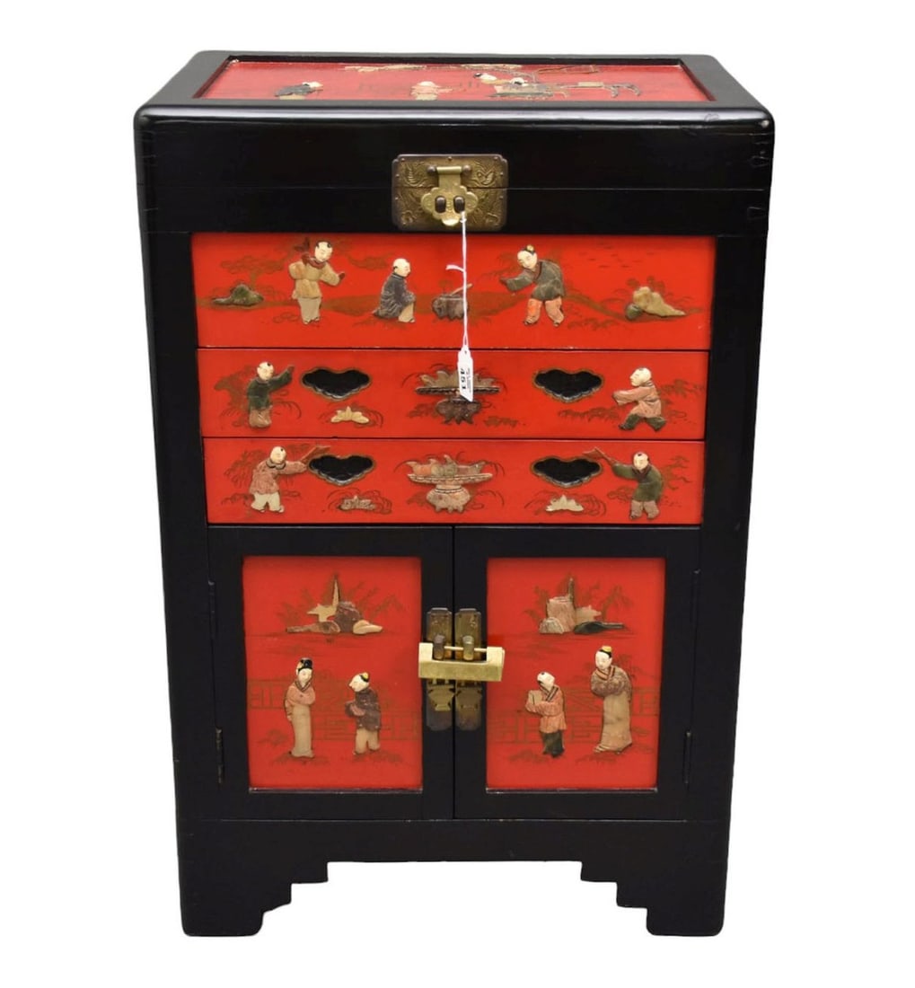 Red Lacquer Chinese Chest, Lift Top (Jewelry) Over Doors and Drawers, 30"h x 19"w x 13"d (1 of 7)