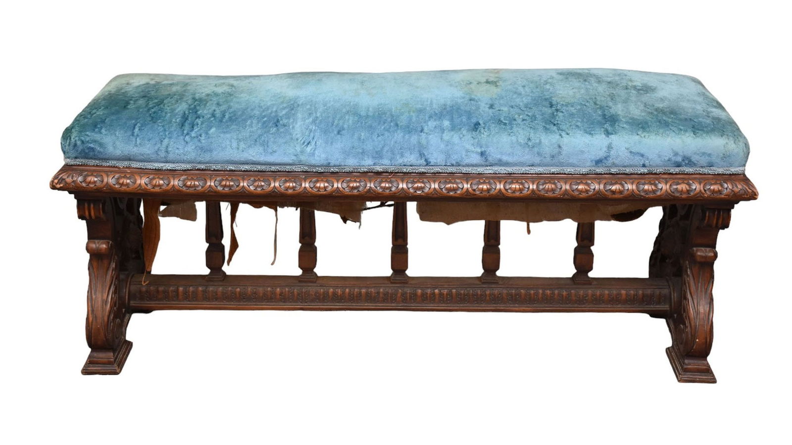 Carved Bench, Blue Worn Upholstered Top, 19" x 46"w x 18"d (1 of 5)
