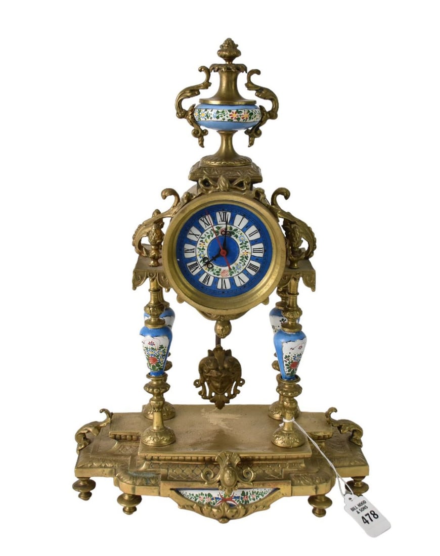 Decorative Sevres-Style Brass Portico Clock - 20th century. A brass portico mantel clock with (1 of 6)