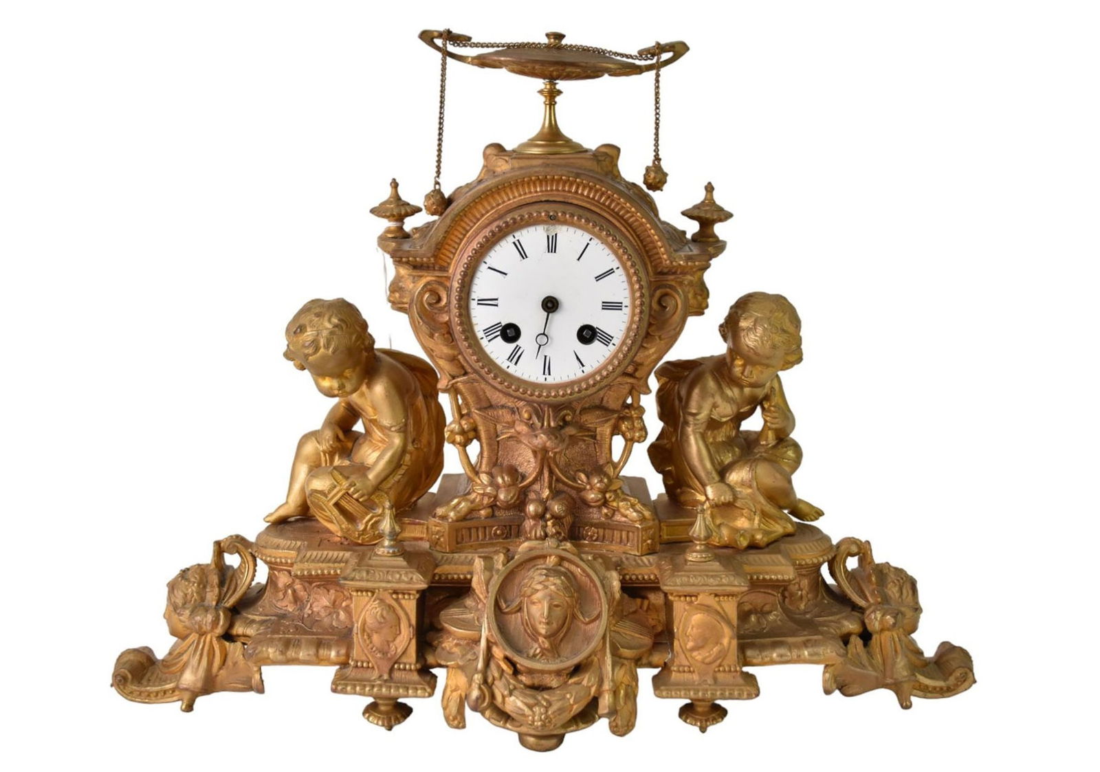 Antique French Gilt Mantel Clock with Figural Putti - A gilt metal mantel clock flanked by putti (1 of 4)