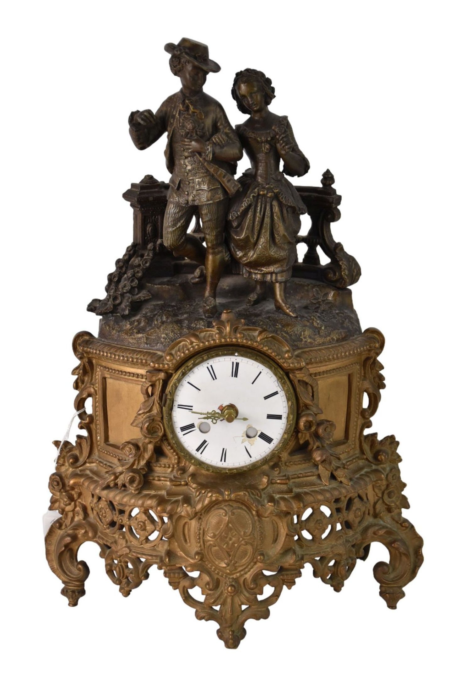 Antique Gilt Metal Figural Mantel Clock - Patinated metal clock with figural scene of a young (1 of 5)