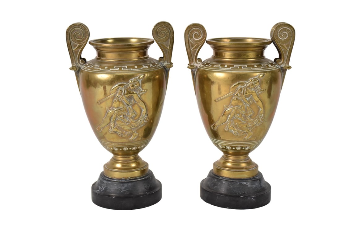Pair Bronze Antique Urns Mounted on Marble Bases (1 of 7)