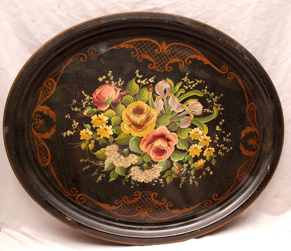 2 mid century tole trays, incl; oval black hand pain: 2 mid century tole trays, incl; oval black hand painted floral design and 1 Chippendale rim multi color bouquet design