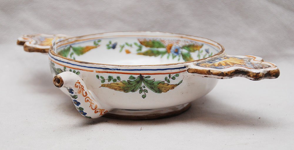 Faience bowl with handles & spout, 2"h x 10"w (inva: Faience bowl with handles & spout, 2"h x 10"w (invalid feeder)