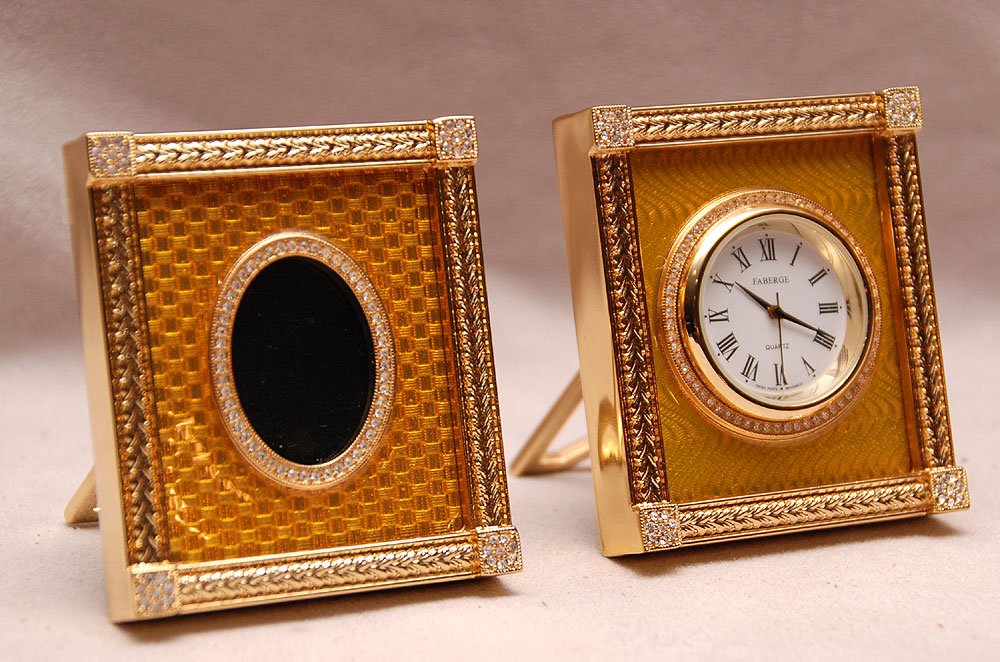 Modern Faberge miniature clock and picture frame: Modern Faberge miniature clock and picture frame