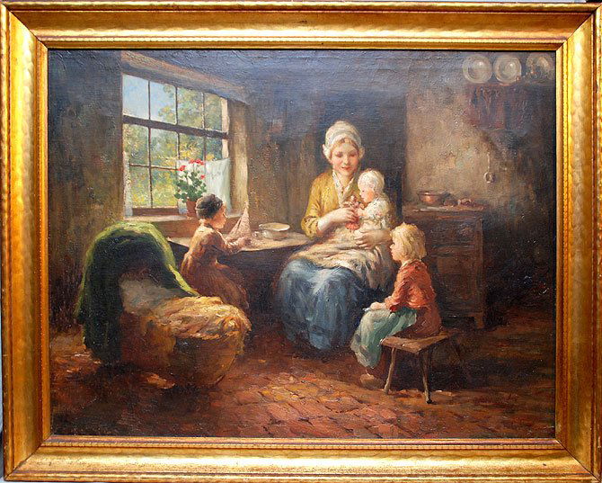 Bernard Pothast (DUTCH, 1882-1966) oil on relined: Bernard Pothast (DUTCH, 1882-1966) oil on relined canvas, Interior- Mother with children, 28" x 36"