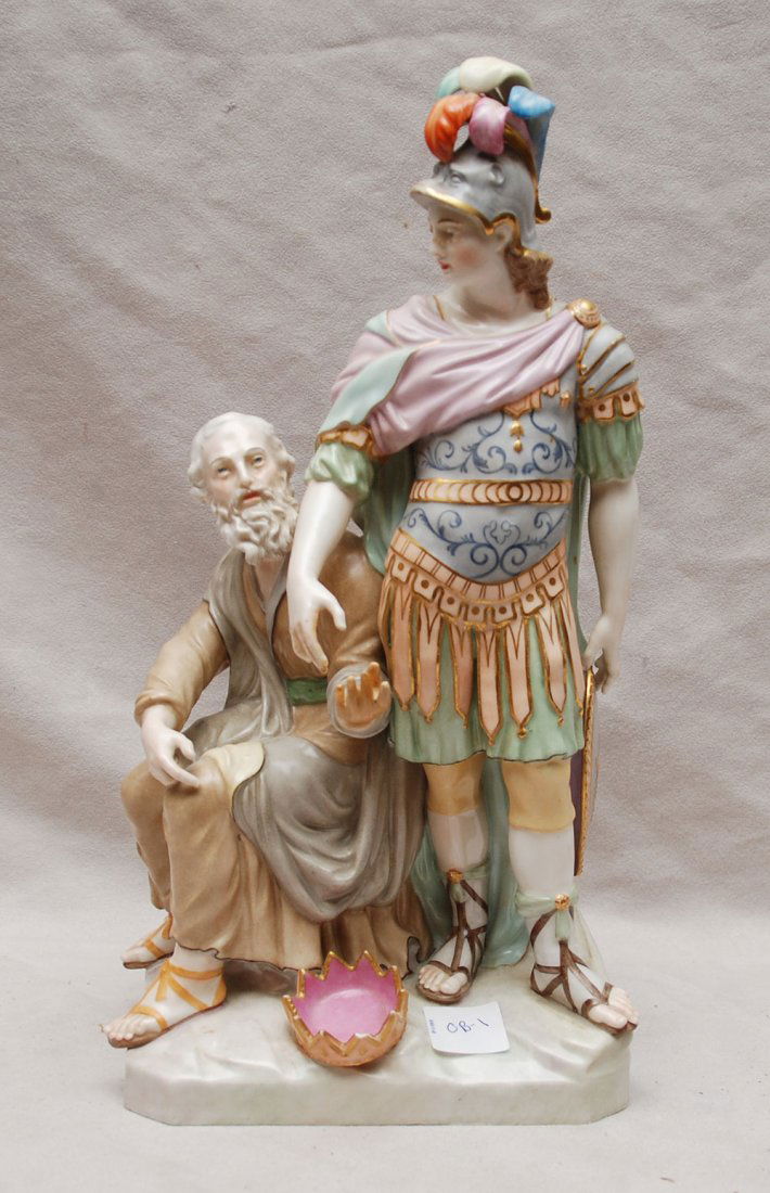 KPM figure of warrior & elderly gent, 13"h (restor: KPM figure of warrior & elderly gent, 13"h (restoration to hand and 2 small chips, 12"h