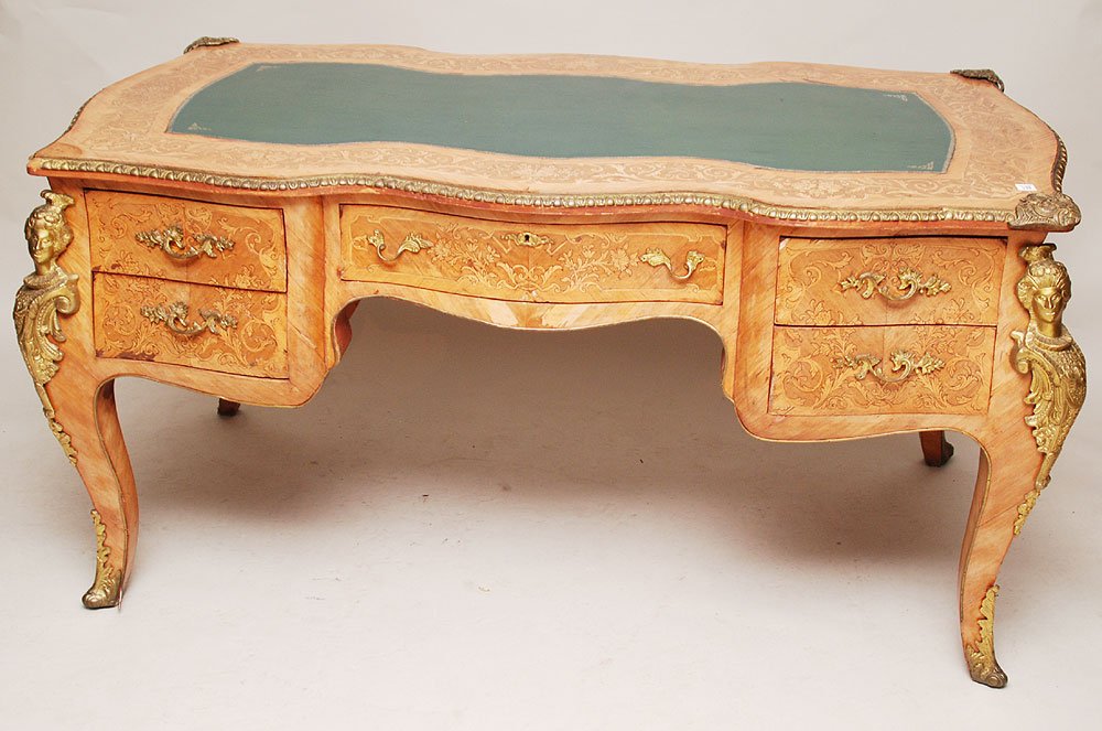 French marquetry desk with ornate mounts, 32"h x 6: French marquetry desk with ornate mounts, 32"h x 61"w x 32"d (small piece missing on corner)