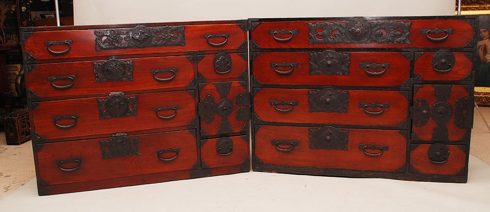 Pair matching 19th c. Chinese chests with drawers: Pair matching 19th c. Chinese chests with drawers and cabinet door revealing more drawers, 35"h x 46"w x 17"d