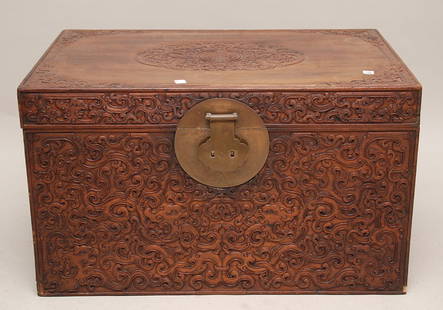 Large carved Chinese trunk, 22"h x 36 1/2"w x 24 1: Large carved Chinese trunk, 22"h x 36 1/2"w x 24 1/2"d