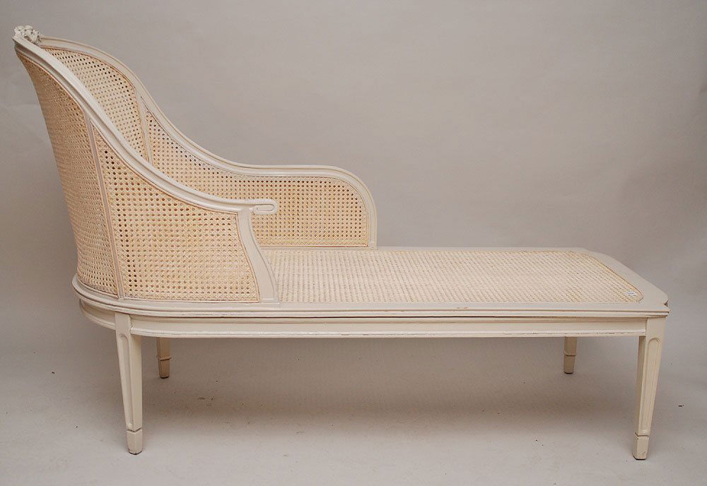 Caned chaise lounge, French style, newly painted,: Caned chaise lounge, French style, newly painted, 43"h x 60"L