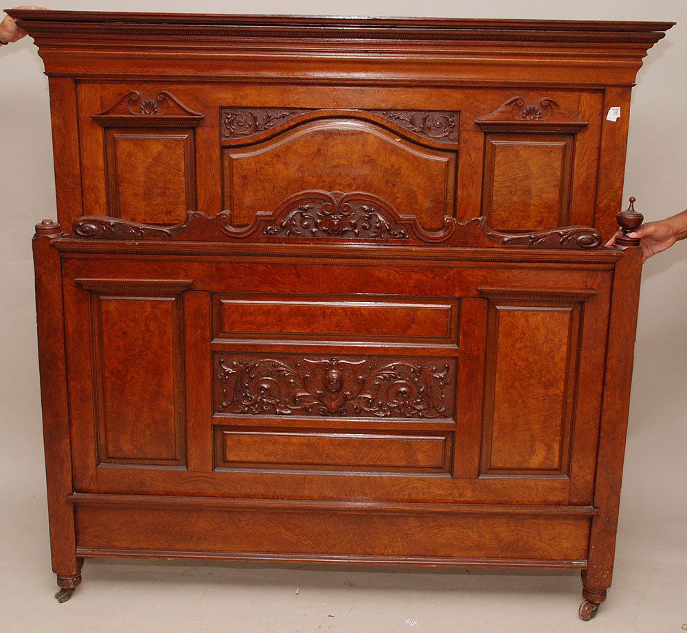 Antique full size headboard & footboard, walnut ma: Antique full size headboard & footboard, walnut mahogany and burled