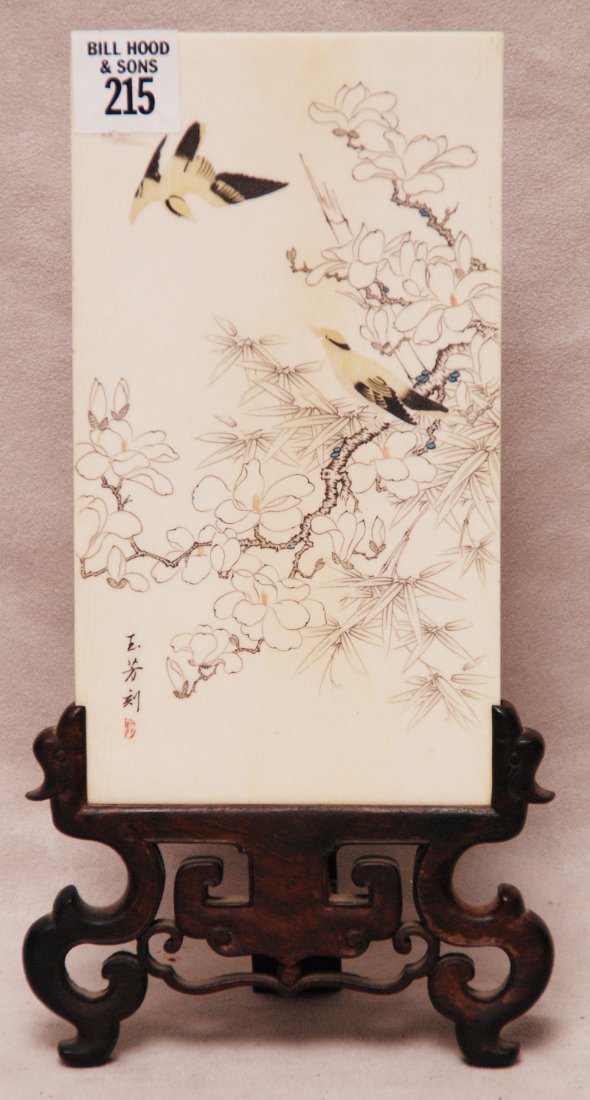 Old Chinese ivory table screen / plaque, bird an: Old Chinese ivory table screen / plaque, bird and flower motif, artist signed, wood carved stand, 7 3/8"h