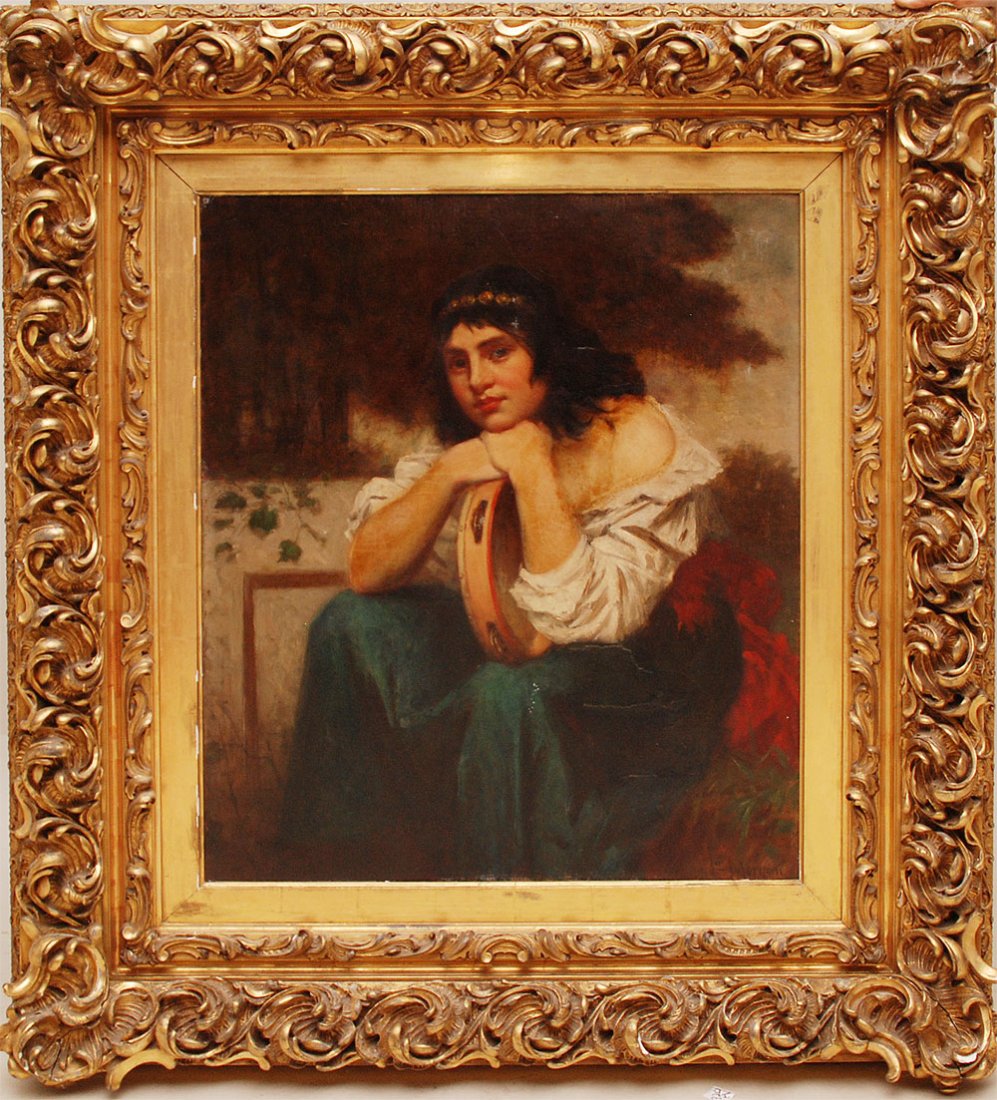 William Penn Morgan (American 1826 - 1900) oil on: William Penn Morgan (American 1826 - 1900) oil on canvas laid on board, Tambourine Girl, 30" x 25"