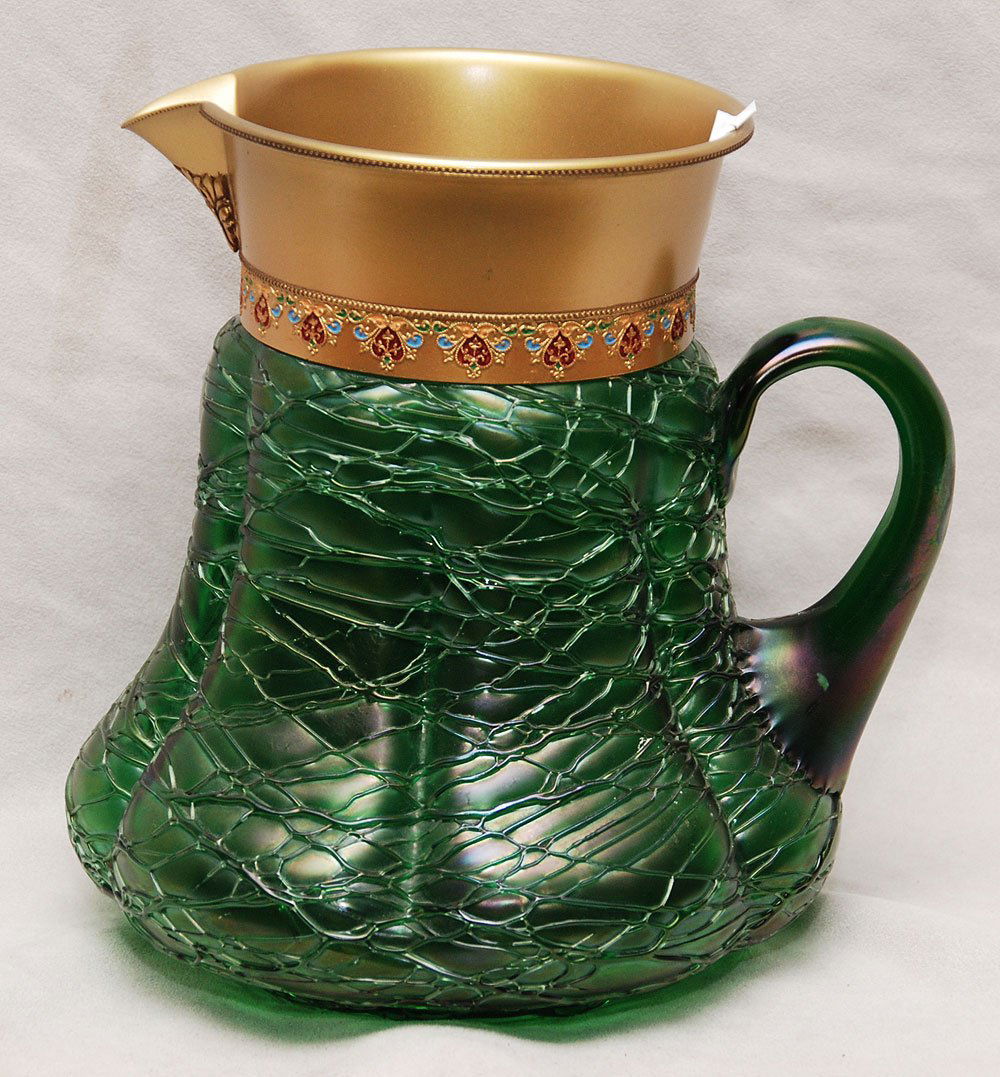 Large loetz threaded glass pitcher with a gold was: Large loetz threaded glass pitcher with a gold wash enameled collar, 9"h (nick to rim)