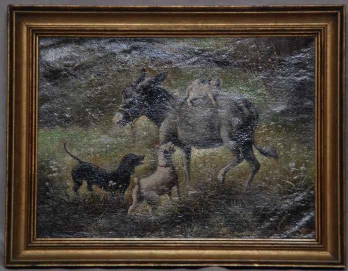 Otto Eberle (American 20th century) oil on canvas,: Otto Eberle (American 20th century) oil on canvas, Donkey with dogs & cat, small tear repair, 10-1/2" x 14-1/2"