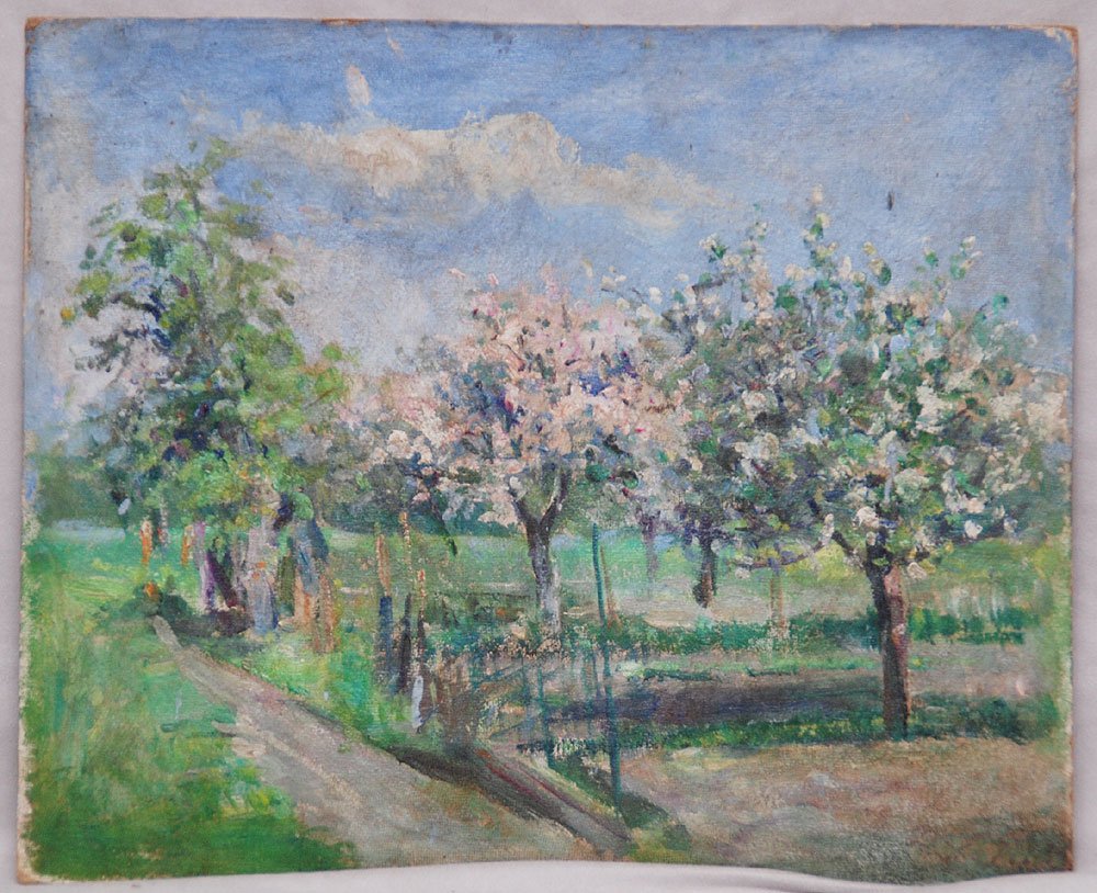 Attributed to Pauline Lennards Palmer (American 1: Attributed to Pauline Lennards Palmer (American 1867 - 1938) oil on artist board, landscape tree blossom, 15" x 18"