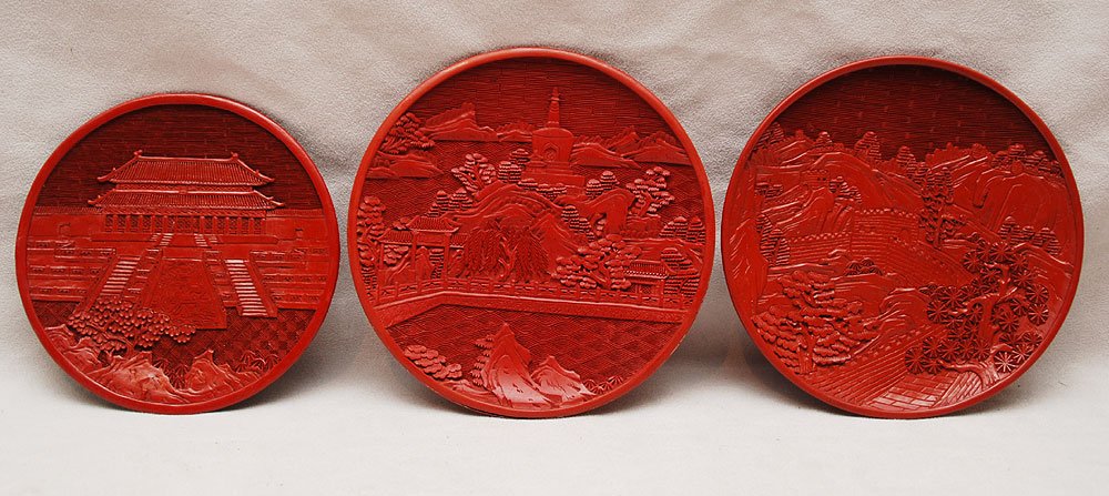 3 Chinese cinnabar plates: 3 Chinese cinnabar plates