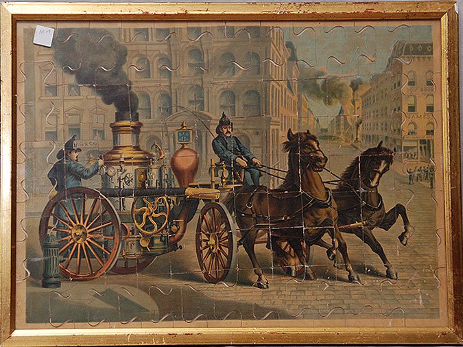 Antique Puzzle old city scene with fire department: Antique Puzzle old city scene with fire department steam engine pulled by horses, d19" x 26"