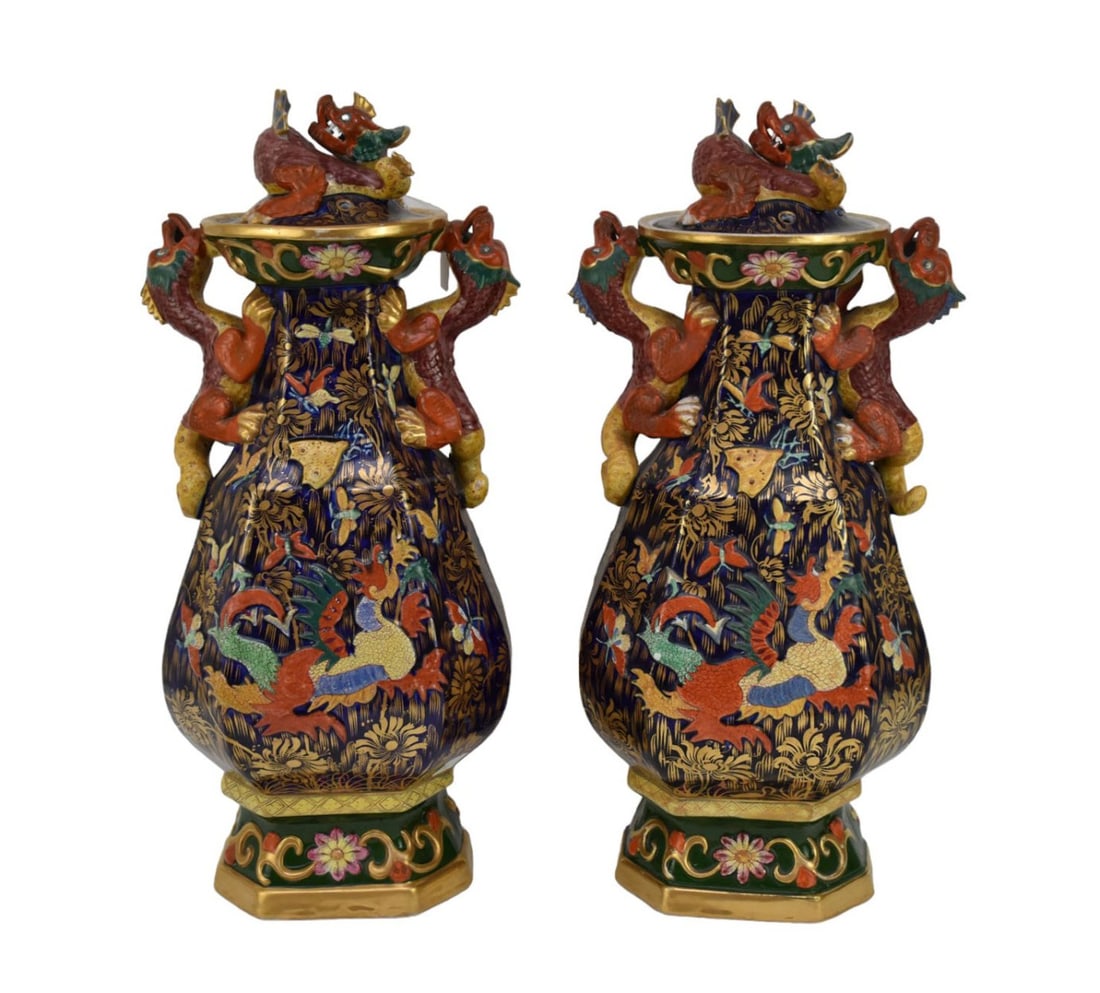 Pair 19th c. Ironstone Covered Jars, Multi-Color with Raised Dragon Handles & Finial, Overall Branch