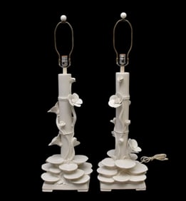 Pair Blanc de Chine Column Oriental Style Lamps, 3 Dimensional Water Lilies/Lily Pad Motif, 40"h to