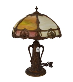 Antique multi-color Slag Glass Lamp, 16 inch diameter shade. Overall 23 inches tall.