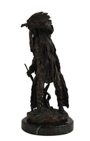 After Carl Kauba. Indian Scout, bronze 20th century; modeled as standing Indian surveying land,