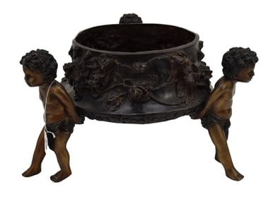 Bronze Centerpiece with Floral Relief Design on 3 Putti Supports, 10"h x 9 1/2"dia opening
